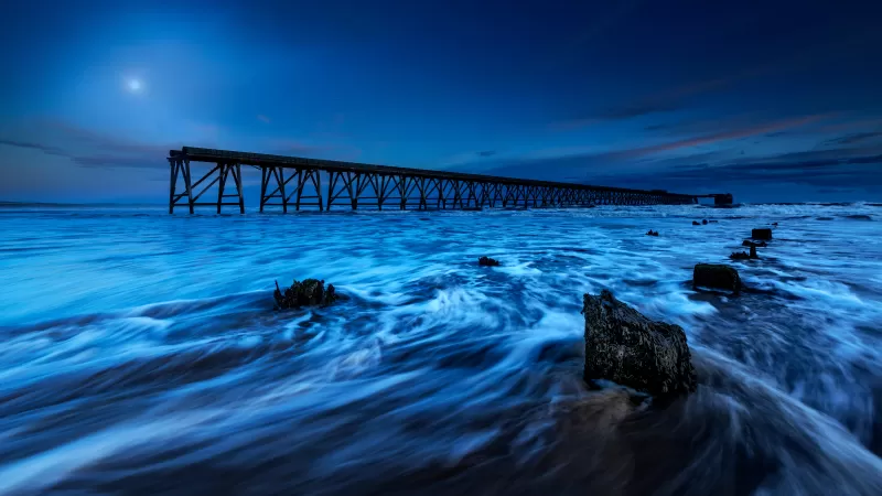 Old iron pier wallpaper, Moonlit seascape, Long exposure