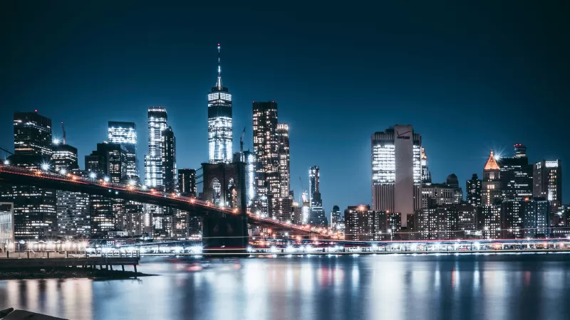Brooklyn Bridge, Night, City lights, Cityscape, Reflections, Brooklyn, New York, USA