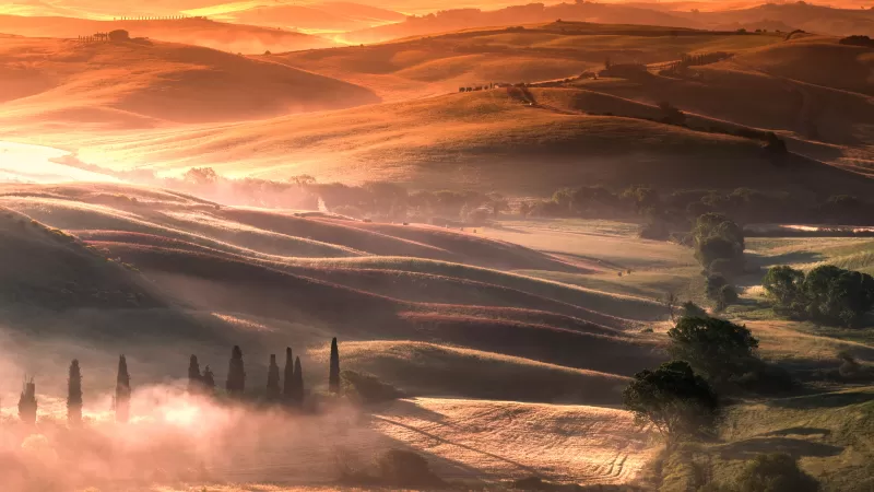 Tuscany, Italy, Country Side, Sunrise, Foggy, Dawn, Landscape, Aerial view, Meadow, 5K