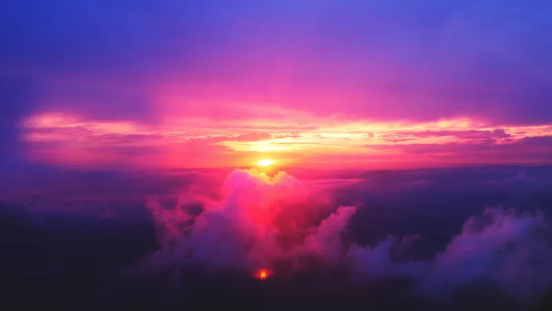 Sunset, Dusk, Cloudy Sky, Purple, Aerial view, Scenery, 5K