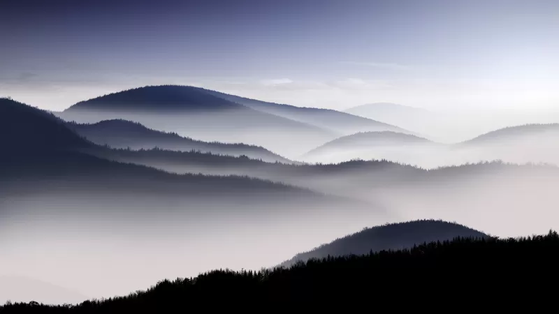 Misty hills, Layered mountains, Monochrome fog, 4K wallpaper