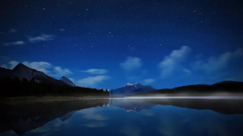 Maligne Lake, Jasper National Park, Alberta, Canada, Starry sky, Night sky, Reflections