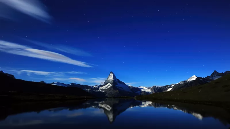 Matterhorn, Alps mountains, Night, Dark, Silhouette, Panorama, Blue Sky, Stellisee Lake, Reflection, Midnight, Scenery, Aesthetic