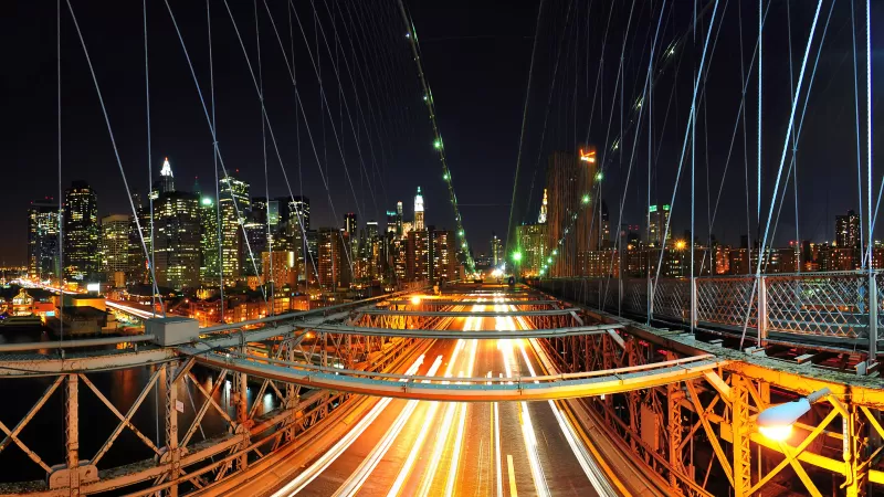New York City, Skyline, Night City, City lights, Cityscape, Traffic, Bridge, Illuminated, Rush