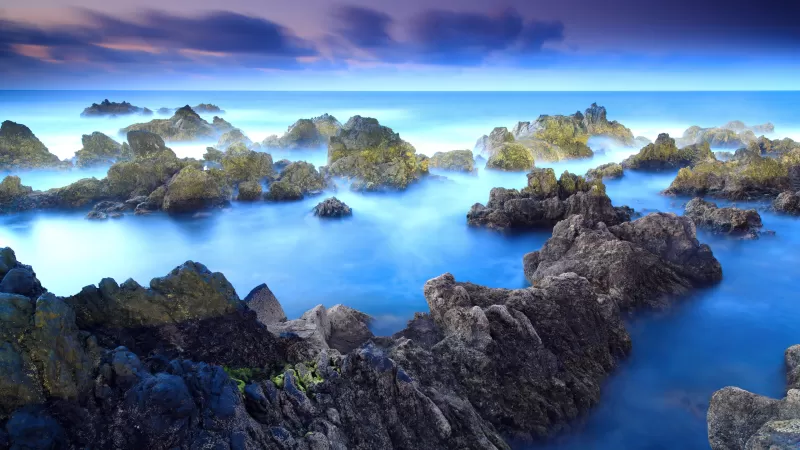 Rocky shore, Porto Moniz, Aesthetic, Fog, Long exposure, Blue, Rocks, Portugal, Landscape, Seascape