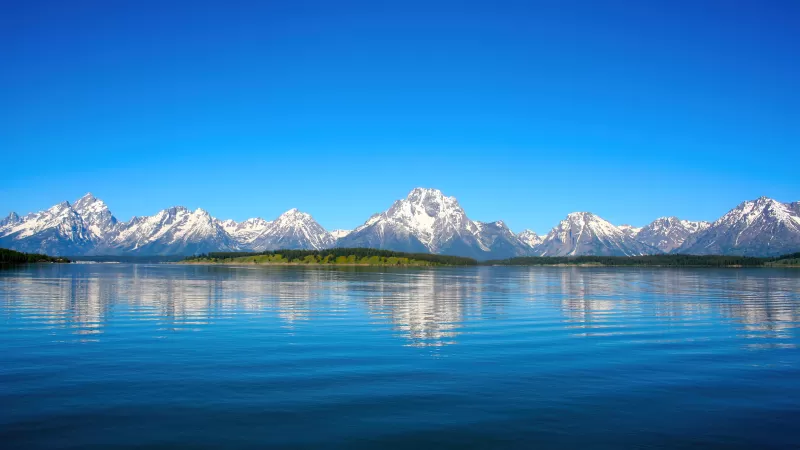 Jenny Lake, Landscape, Grand Teton National Park, Sunny day, Reflections, Mountains, Wyoming, Blue Sky, Tranquility
