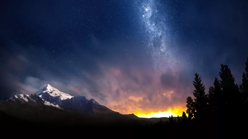 Swiss Alps at night, Milky Way, Pine silhouettes, 4K wallpaper