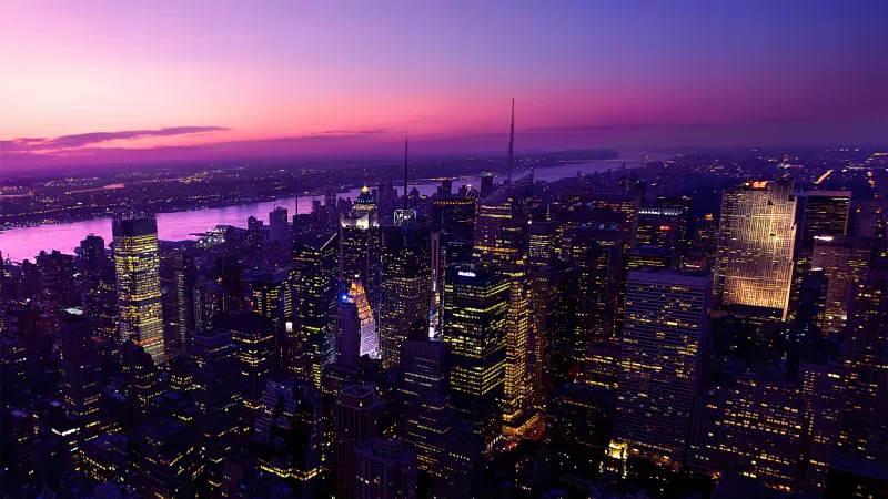 New York City, Twilight, Evening, City lights, Dark, Night, Pink sky, Cityscape, Skyline, Buildings, Skyscrapers, Urban, Metropolitan, Purple