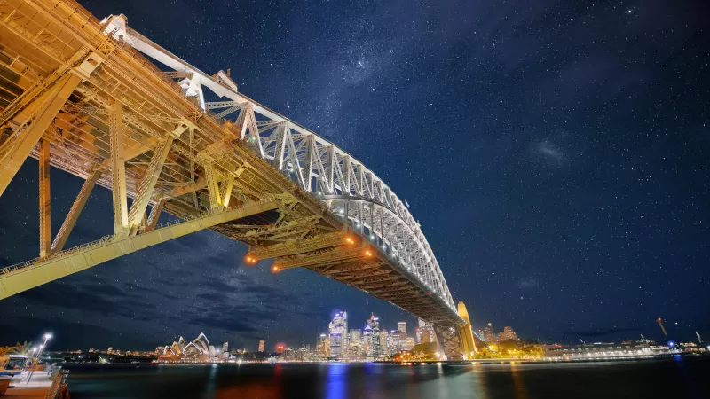 Sydney Harbour Bridge, Night, Cityscape, City lights, Sydney, Australia, Milky Way
