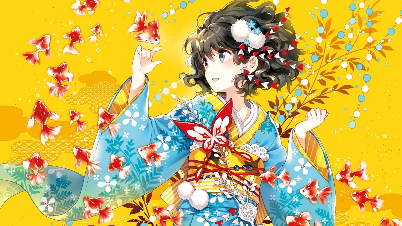 Anime girl, Underwater, Fishes, Dream, Fantasy, Yellow background