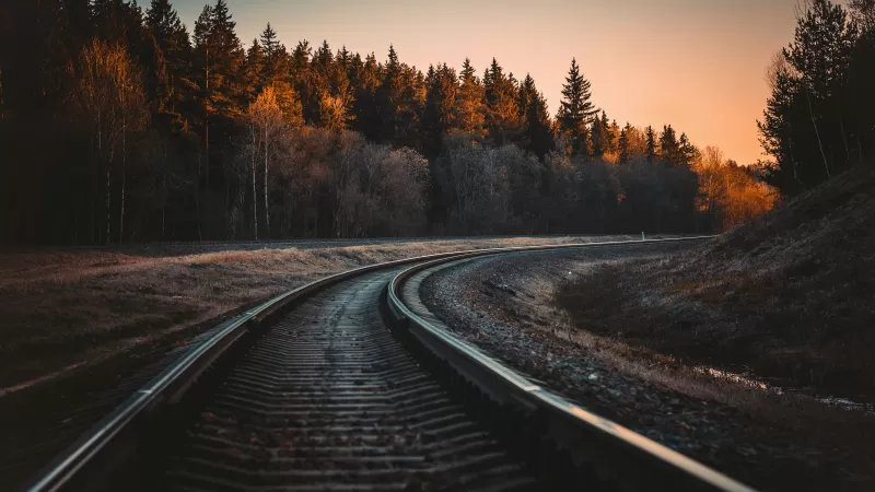 Railway curve wallpaper, Autumn forest, Golden hour