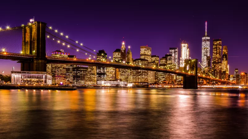 Brooklyn Bridge, New York City, Skyline, Cityscape, Night time, City lights, Waterfront, Reflection, Skyscrapers, Purple sky, Sunset, Long exposure, 5K