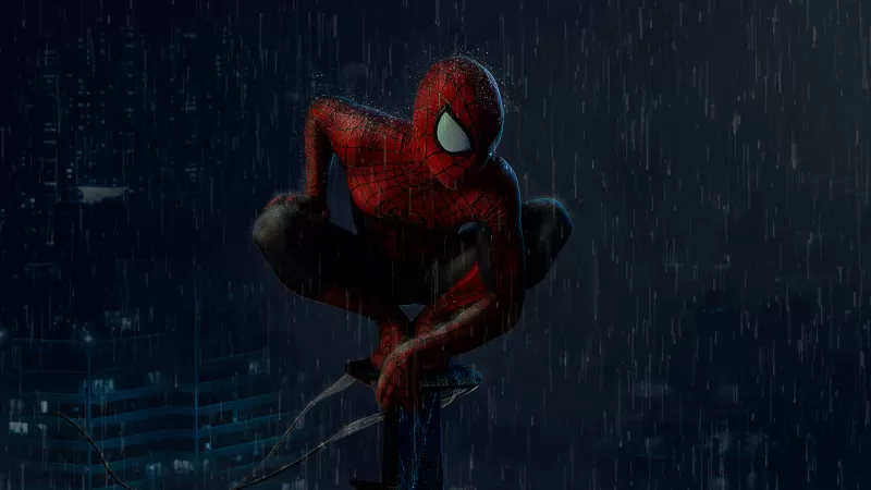 Spider-Man, Rain, Marvel Superheroes, Dark, Night