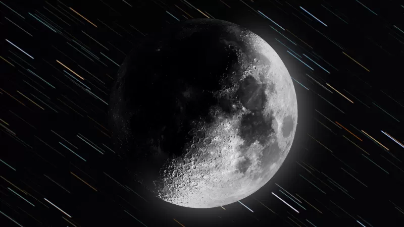 Moon, Monochrome, Dark background, Star Trails, 5K, 8K