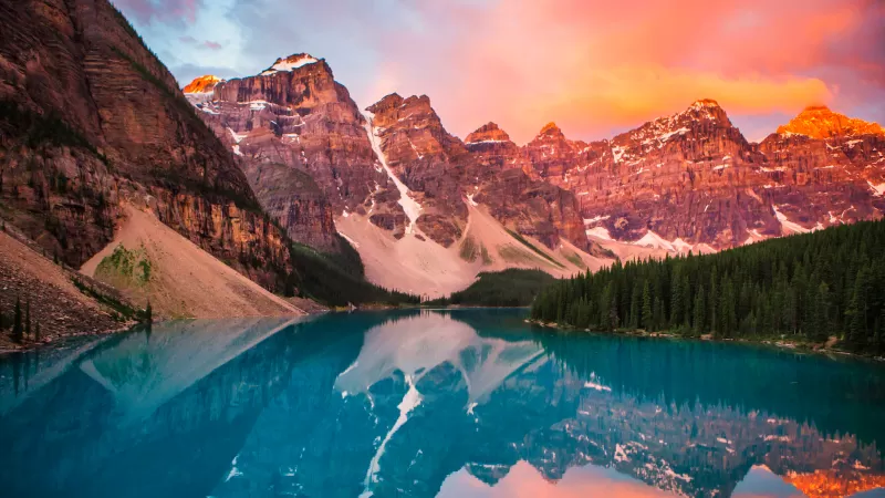 Moraine Lake, Rocky Mountains, Banff National Park, Landscape, Reflection, Scenery, Alberta, Canada, Sunset, Evening sky, 5K