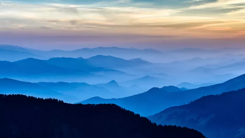 Silhouette Mountain, Foggy, Langtang National Park, Aerial view, Panoramic, Mountain range, Landscape, Sunset, 5K, 8K