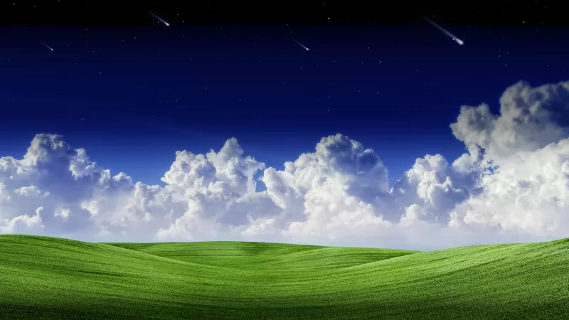 Landscape, Clouds, Falling stars, Blue Sky, Scenery, Green Grass, Starry sky, Summer, Scenic, Panorama, 5K, 8K