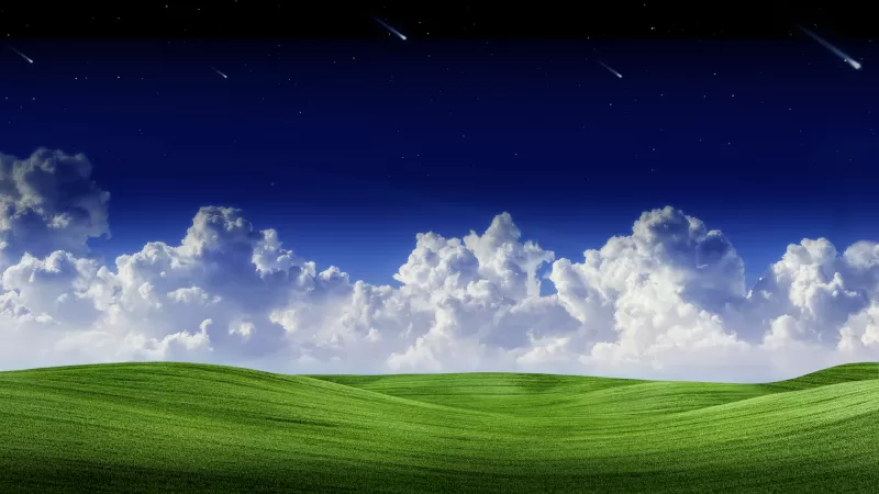 Landscape, Clouds, Green Grass, Starry sky, Falling stars, Blue Sky, Scenery, Summer, Scenic, Panorama, 5K, 8K