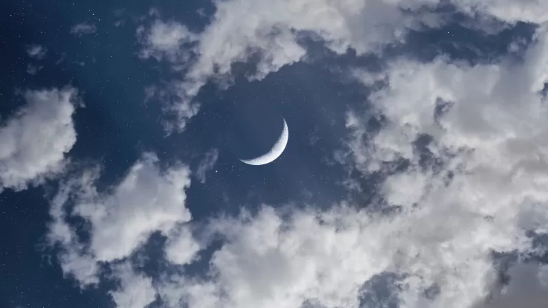 Crescent Moon, Half moon, Clouds, Blue Sky, Cosmos, Stars, 5K, 8K