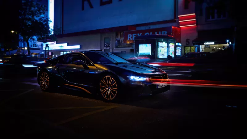 BMW i8 Ultimate Sophisto Edition, Night city, Light trails, Berlin wallpaper