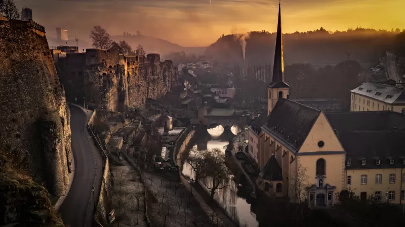 Luxembourg City, Old town at sunset, Church, 5K wallpaper