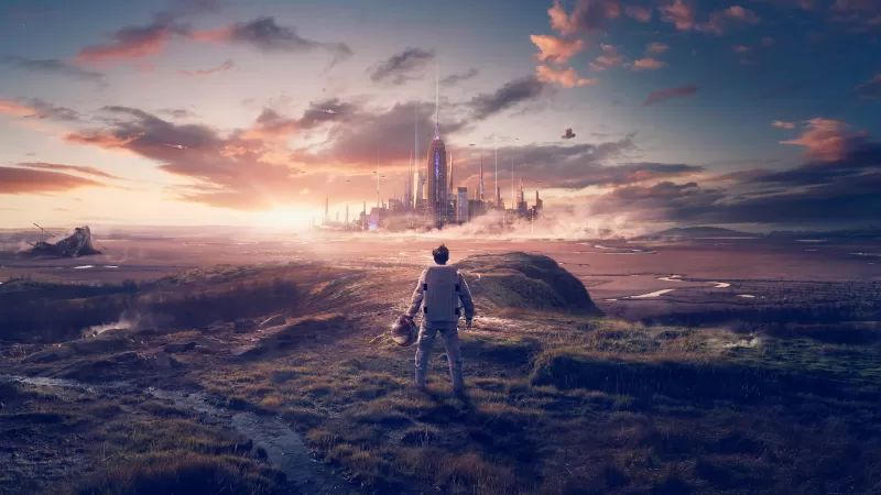 George and the Ship of Time wallpaper, Astronaut, Futuristic city