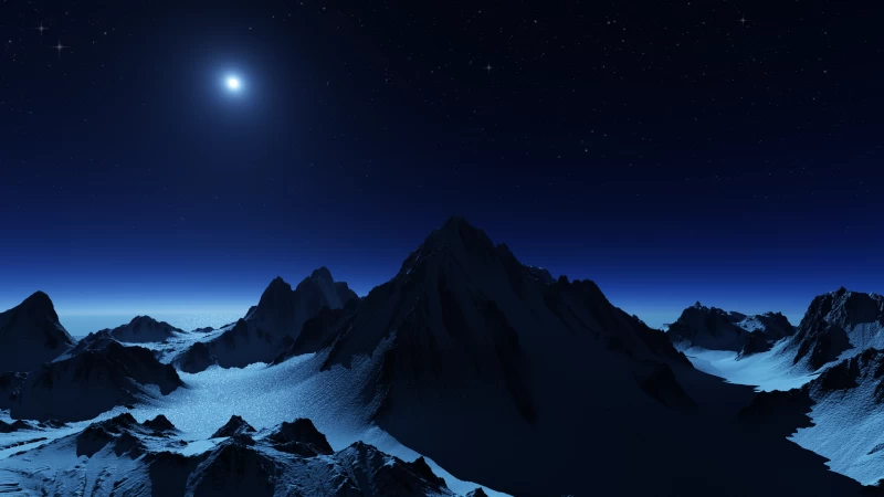 Antarctica, Mountain range, Glacier, Snow covered, Night sky, Moon light, Stars, Landscape, Scenery
