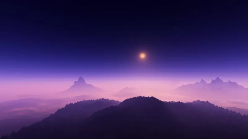 Purple misty mountains, Glowing moon, Fog, 4K wallpaper
