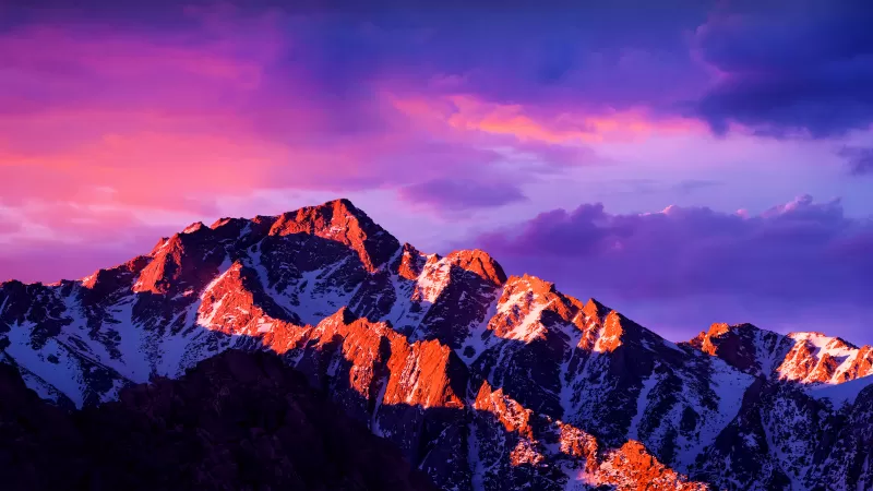macOS Sierra, Glacier mountains, Snow covered, Alpenglow, Cloudy Sky, Sunlight, Dusk, Landscape, Scenery, 5K