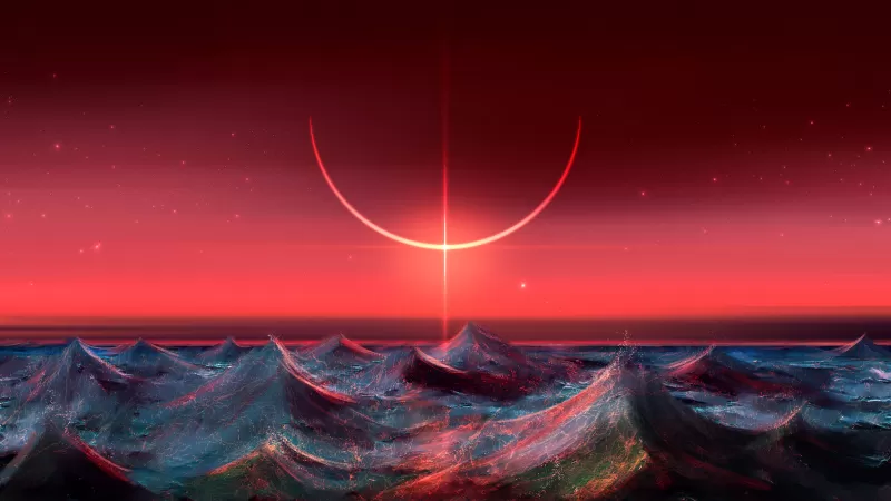 Red eclipse over ocean, Digital painting, Crimson sky, HD wallpaper