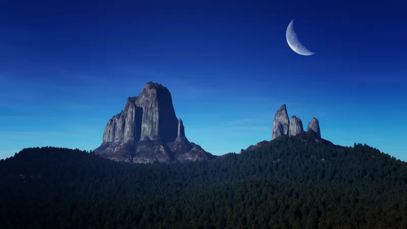 Mountain Peaks, Crescent Moon, Night time, Blue Sky, Landscape, Forest