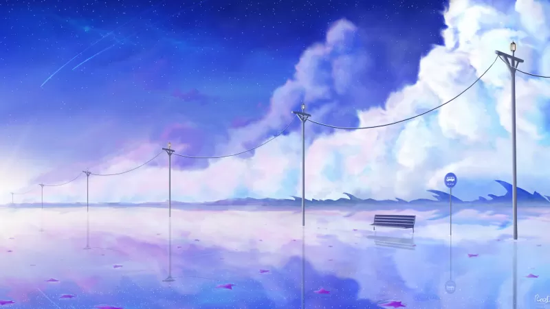 Bus stop in the sky wallpaper, Dreamy clouds, Illustration