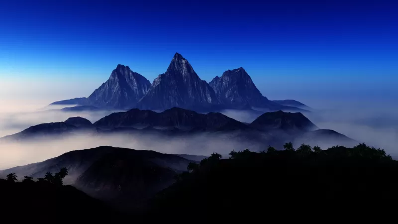 Mountain Peaks, Foggy, Aerial view, Blue Sky, Landscape, Scenery