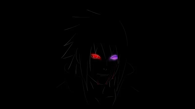 Sasuke Uchiha, Naruto, AMOLED, Black background, Minimal art, Glowing eyes, Power