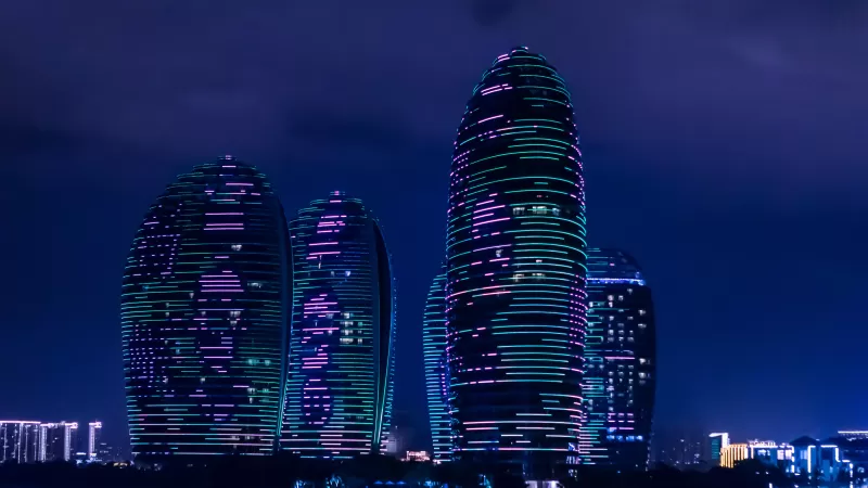 Phoenix Island, Sanya, Night lights, 4K wallpaper