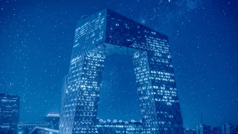 CCTV headquarters, Beijing, China, Modern architecture, Starry sky, Metropolis, Glass building