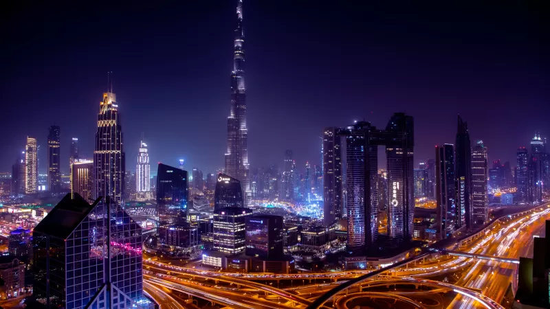 Burj Khalifa, Dubai City Skyline, Skyscrapers, Cityscape, Night time, City lights, Highway junction, 5K
