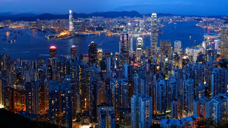 Victoria Peak, Hong Kong City Skyline, Victoria Harbour, Dusk, Blue hour, Cityscape, Skyscrapers, Aerial view, Long exposure, Night time, City lights, 5K