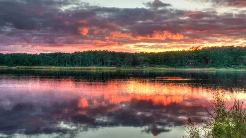 Huntington Beach State Park, North Carolina, Sunset, Cloudy Sky, Body of Water, Reflection, Evening sky, Dusk, Landscape, Scenery, 5K