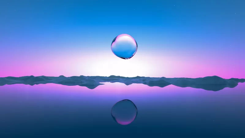 Droplet, Transparent, Landscape, Sunrise, Clear sky, Pink, Blue Sky, Reflection, Body of Water