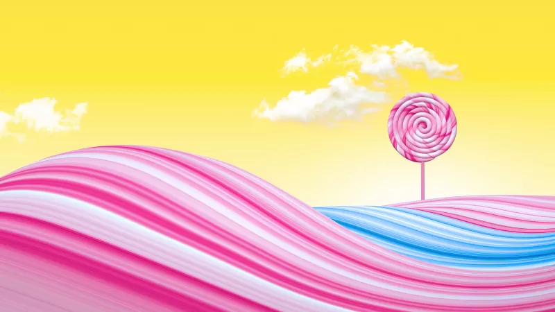 Lollipop, Pink, Yellow background, Yellow sky, Clouds, Waves, Colorful, Bliss, Surreal, Girly