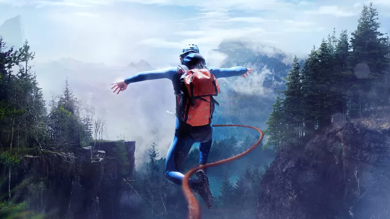 Canyoning jump wallpaper, Misty cliffs, Adventure