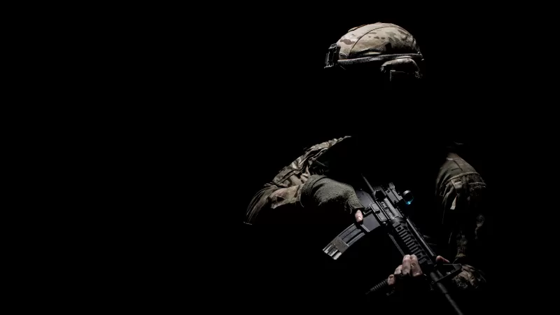Soldier, Military, Machine gun, War, Silhouette, Black background, 5K