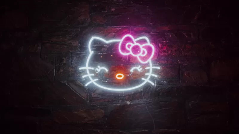 Hello Kitty, Neon sign, Cute, Glowing, Dark background, Night, Neon, 5K
