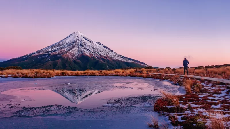 Mount Taranaki, New Zealand, Snow covered, Frozen lake, Reflection, Mountain Peak, Landscape, Scenery, Clear sky, Dusk, 5K