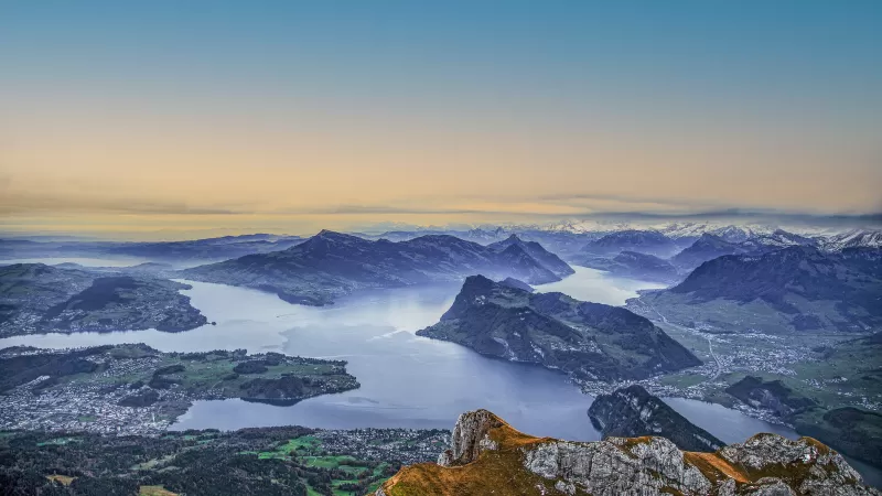 Lake Lucerne from Pilatus, Swiss Alps panorama, Aerial view, 5K wallpaper
