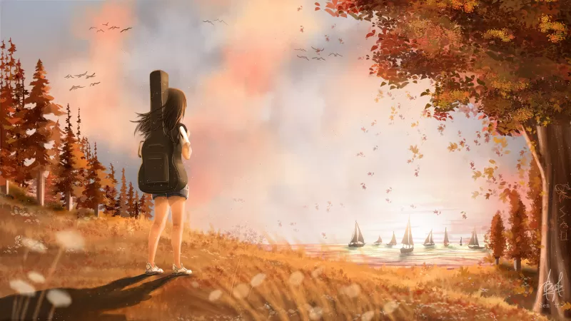 Alone Girl, Autumn Dream, Surreal, Digital paint, Sunset