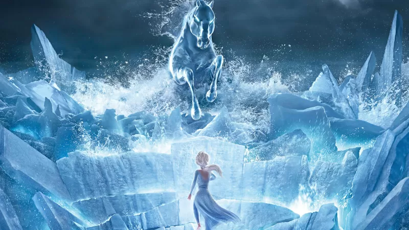 Elsa and the Nokk wallpaper, Frozen 2, Water spirit horse, Ice, Disney animation