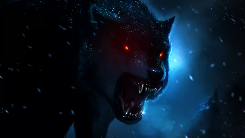 Black Wolf, Red eyes, Snow fall, Dark background, Night time, Hunter, Wild animal, Digital composition