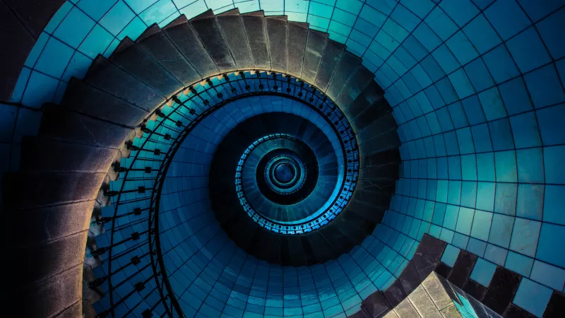 Spiral staircase, Île Vierge, France, Lighthouse, Steps, Look up, Pattern, Blue